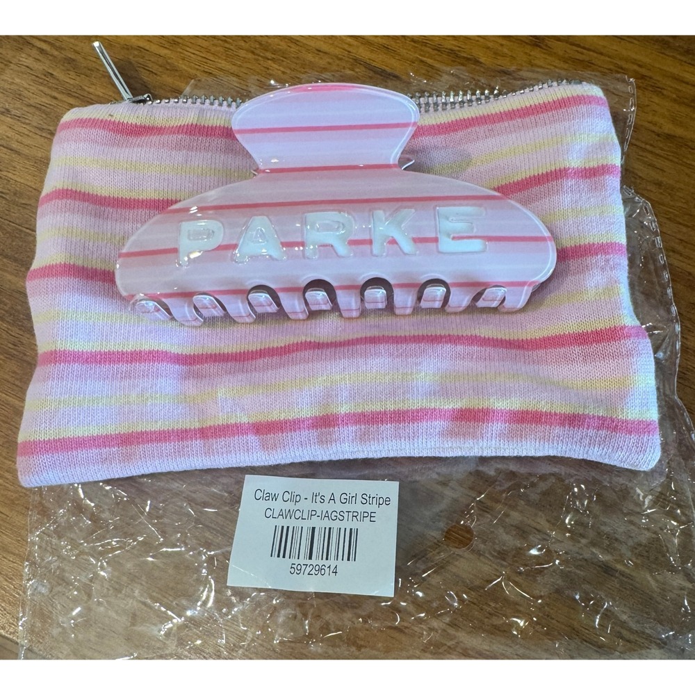 Parke Claw Clip It's A Girl Stripe Pink White Logo Hair Accessory with Pouch